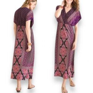 Chico's Size 2 = 12/14 Large Mixed Print Empire Waist‎ Maxi Long Dress Summer